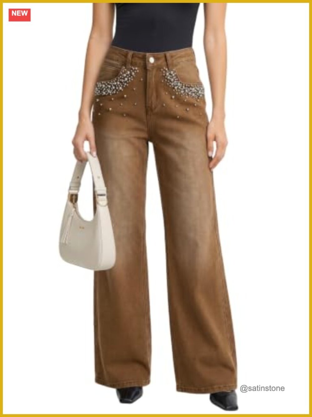 Wide Leg High Waisted Stretch Denim Jeans Pearl Pants